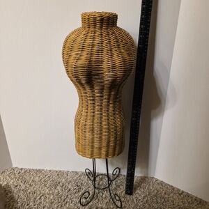 Vtg Miniature Wicker Rattan Mannequin Dress Form Torso Metal Stand Boho 24" Tall